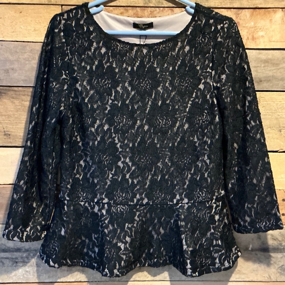 Cupio M Lace 3/4 Sleeve Peplum Top Feminine Holidays Quiet Luxe Cutout‎ Gift New